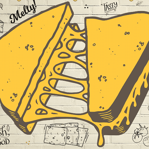 Melting cheese sandwich illustration on a stylized background.