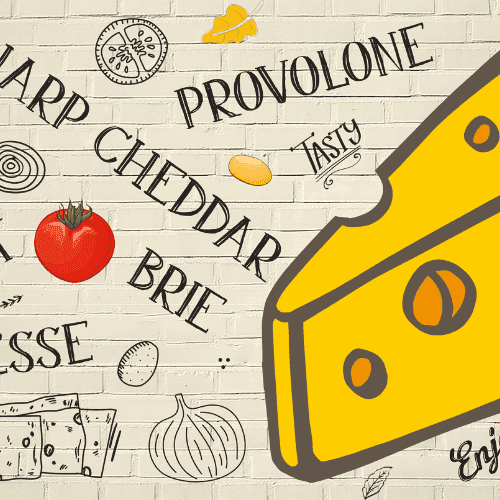 Illustration of assorted cheeses and a tomato on a stylized background.