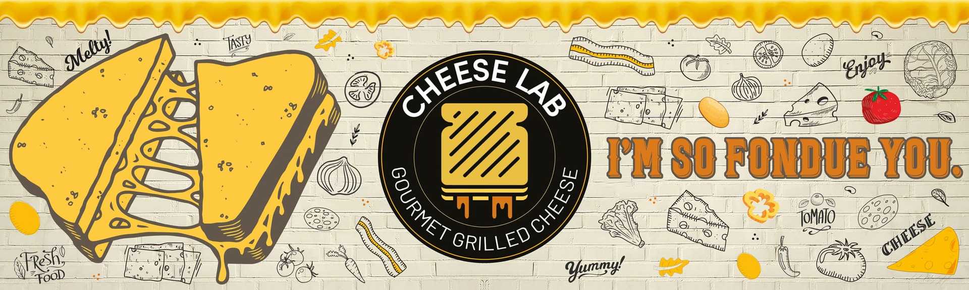 Grilled cheese sandwich with the pun "I'm so fondue of you" at a cheese-themed diner.