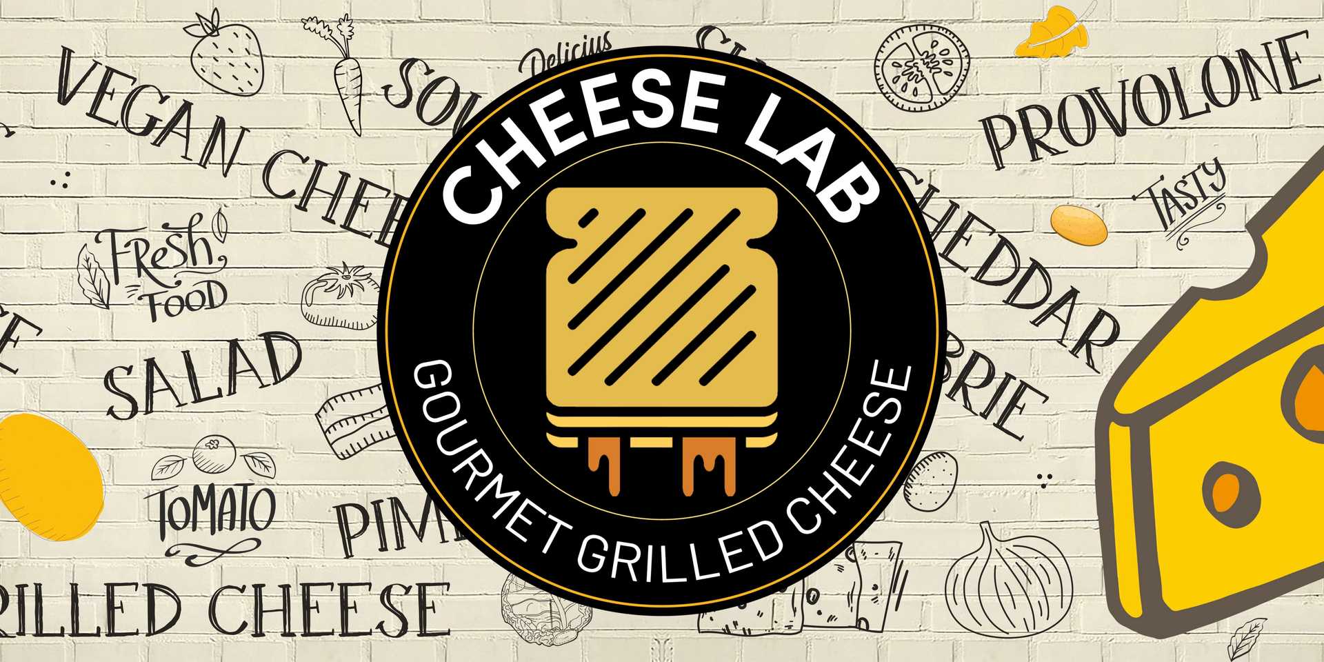 Logo of Cheese Lab featuring grilled cheese sandwich with themed background.